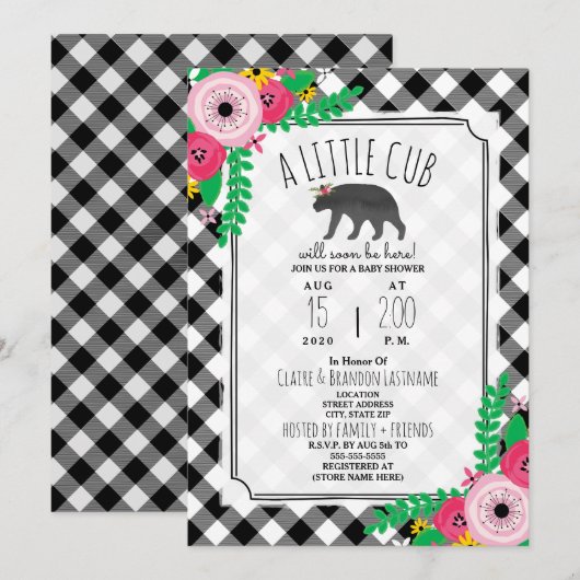 Invitation Petit Cub Plaid Noir + Blanc Baby shower fille (Devant / Derrière)