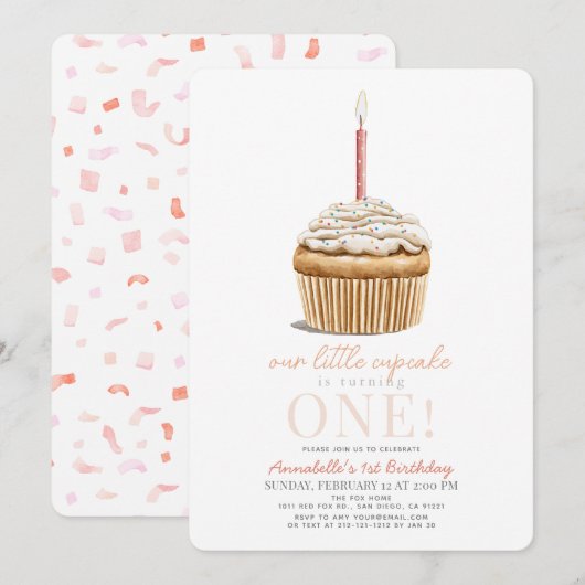 Invitation Petit Cupcake arrose fille 1er anniversaire (Devant / Derrière)