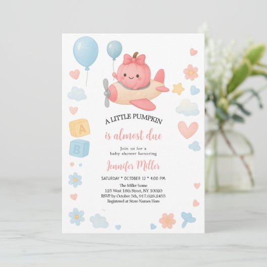 Invitation Petit Cutie Bow Citrouille rose fille Baby shower (Debout devant)
