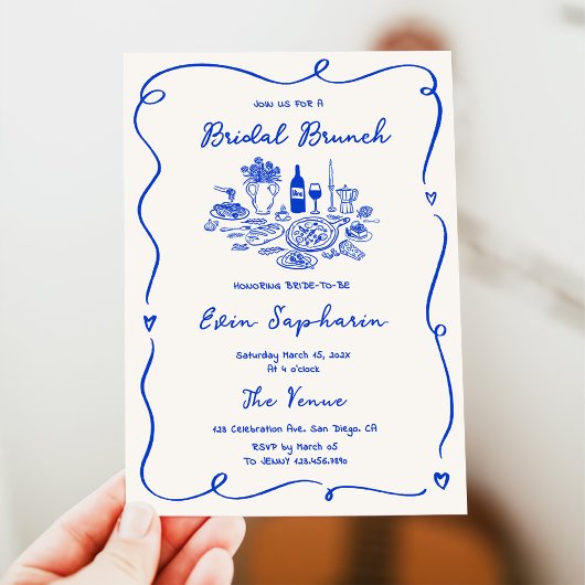 Invitation Petit déjeuner de mariage au bleu de cobalt dessin