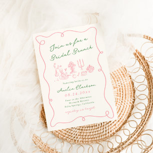 Invitation Petit déjeuner de mariage rose et vert dessinés à