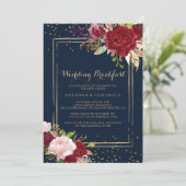 Invitation Petit Déjeuner de Mariage Rouge Paillettes Or Géom (Debout devant)