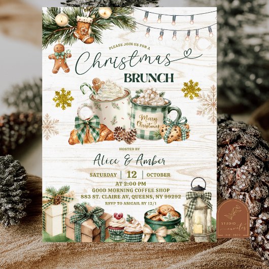 Invitation Petit déjeuner de Noël rustique à carreaux vert sa