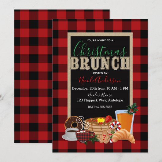 Invitation Petit déjeuner de Noël Rustique Rouge Noir Buffalo (Devant / Derrière)