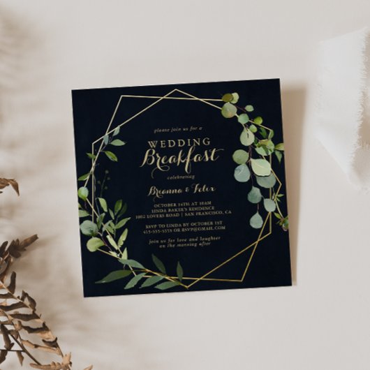Invitation Petit-déjeuner Mariage vert bleu or géométrique