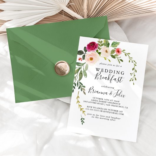 Invitation Petit déjeuner Mariage vert rose pâle
