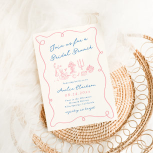Invitation Petit déjeuner nuptial bleu et rose dessinés à la