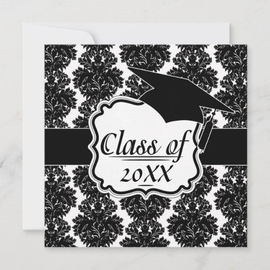 Invitation petit design noir blanc damassé fleuri (Devant)