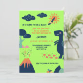Invitation Petit Dinosaur Volcan Vert Bleu 1er Anniversaire (Debout devant)