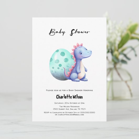 Invitation Petit Dinosaure Cute Avec Son Baby shower Oeuf (Debout devant)