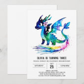 Invitation Petit Dragon Coloré Digital Girl Anniversaire (Devant / Derrière)