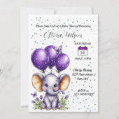 Invitation Petit Éléphant avec des Ballons Violets Rêveurs (Devant)