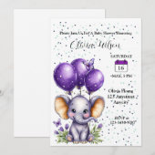 Invitation Petit Éléphant avec des Ballons Violets Rêveurs (Devant / Derrière)