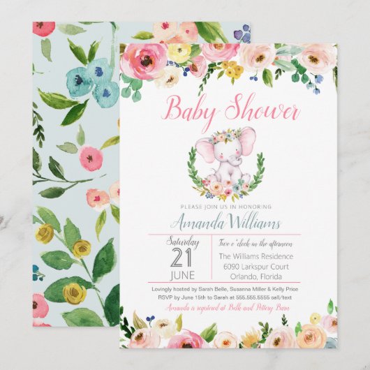 Invitation Petit Eléphant Baby shower Fleurs d'été du printem (Devant / Derrière)