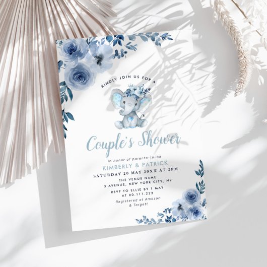 Invitation petit éléphant bleu fleuri douche