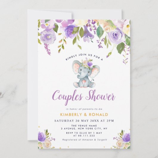 Invitation petit éléphant mauve fleuri couples douche (Devant)