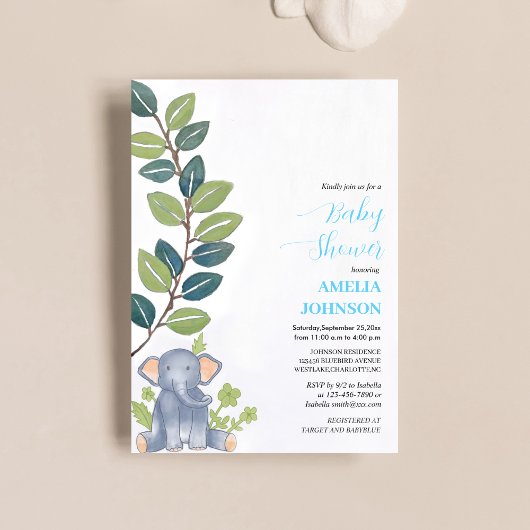 Invitation petit éléphant mignon avec baby shower eucalyptus