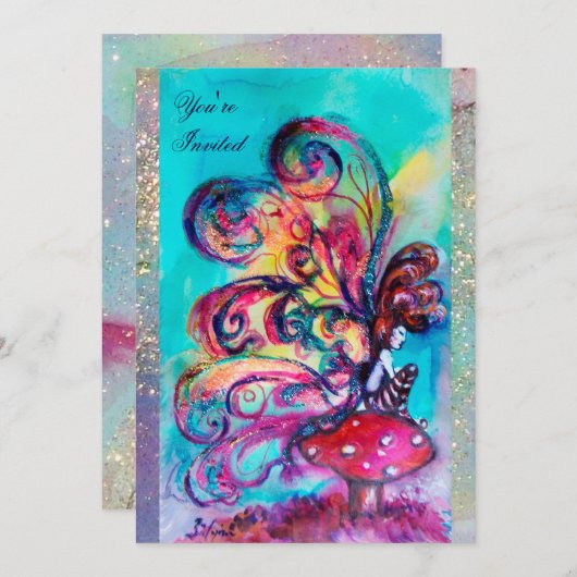 Invitation PETIT ELF DE CHAMPIGNONS, rose jaune bleu scintill (Devant / Derrière)