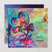 Invitation PETIT ELFÉ DE CHAMPIGNONS , Or bleu jaune scintill (Devant / Derrière)