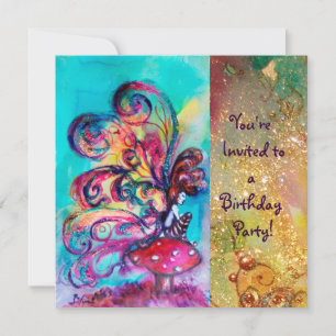 Invitation PETIT ELFÉ DE CHAMPIGNONS , rose jaune bleu scinti