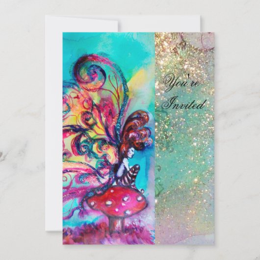 Invitation PETIT ELFÉ DE CHAMPIGNONS, rose jaune bleu scintil (Devant)