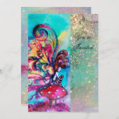 Invitation PETIT ELFÉ DE CHAMPIGNONS, rose jaune bleu scintil (Devant / Derrière)