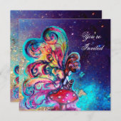 Invitation PETIT ELFÉ DE CHAMPIGNONS, rose jaune bleu scintil (Devant / Derrière)