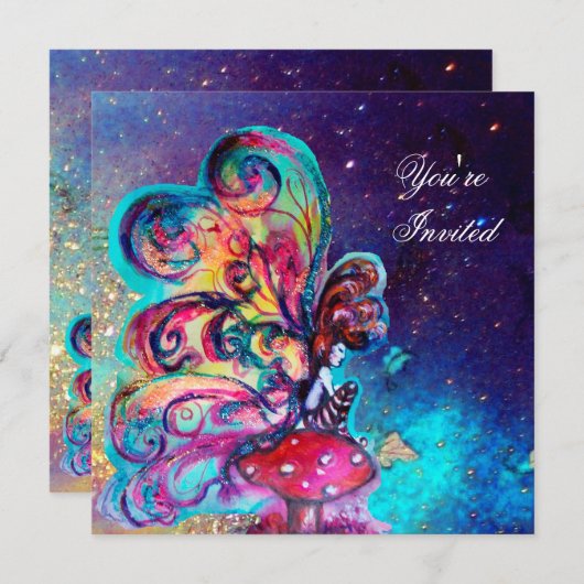 Invitation PETIT ELFÉ DE CHAMPIGNONS, rose jaune bleu scintil (Devant / Derrière)