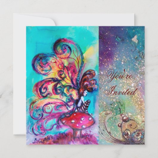 Invitation PETIT ELFÉ DE CHAMPIGNONS, rose jaune bleu scintil (Devant)