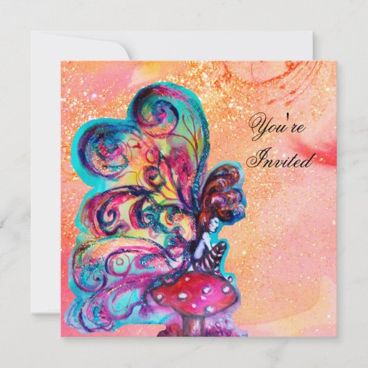 Invitation PETIT ELFÉ DE CHAMPIGNONS, rose jaune pailleté or (Devant)