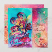 Invitation PETIT ELFÉ DE CHAMPIGNONS, rose vert bleu scintill (Devant / Derrière)