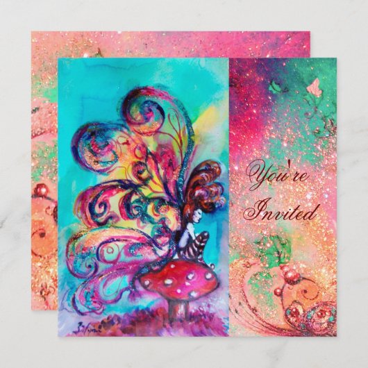 Invitation PETIT ELFÉ DE CHAMPIGNONS, rose vert bleu scintill (Devant / Derrière)
