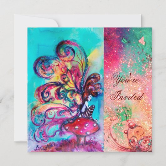 Invitation PETIT ELFÉ DE CHAMPIGNONS, rose vert bleu scintill (Devant)