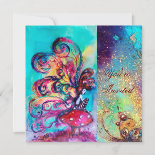 Invitation PETIT ELFÉ DE CHAMPIGNONS, rose vert bleu scintill