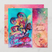 Invitation PETIT ELFÉ DE CHAMPIGNONS, rose vert bleu scintill (Devant / Derrière)