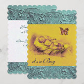 INVITATION PETIT ENFANT, BABY SHOWER BLEU JAUNE BEAUCOUP (Devant / Derrière)