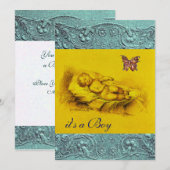 INVITATION PETIT ENFANT, BABY SHOWER BLEU JAUNE BEAUCOUP (Devant / Derrière)