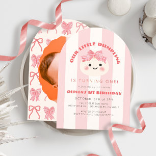 Invitation Petit Faire Doux Ruban Rayé Rose Photo 1er Anniver