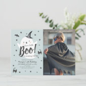 Invitation Petit fantôme de Boo Halloween bleu photo d'annive (Debout devant)