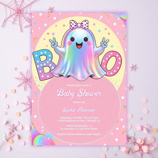 Invitation Petit Fantôme rose Halloween Baby shower fille