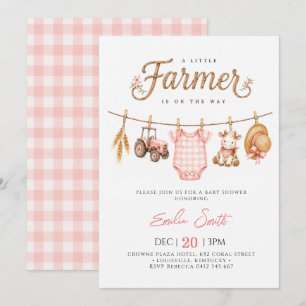 Invitation Petit fermier Fête de bébé fille aquarelle rose