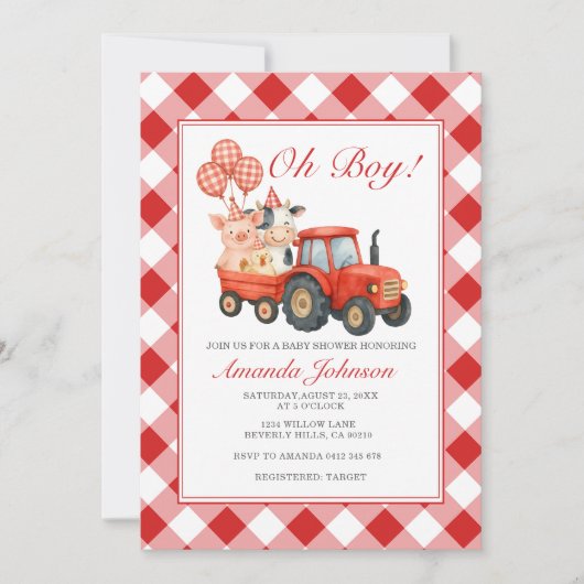 Invitation Petit fermier gingham tracteur bébé douche animaux (Devant)