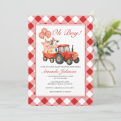 Invitation Petit fermier gingham tracteur bébé douche animaux (Debout devant)