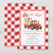 Invitation Petit fermier gingham tracteur bébé douche animaux (Devant / Derrière)
