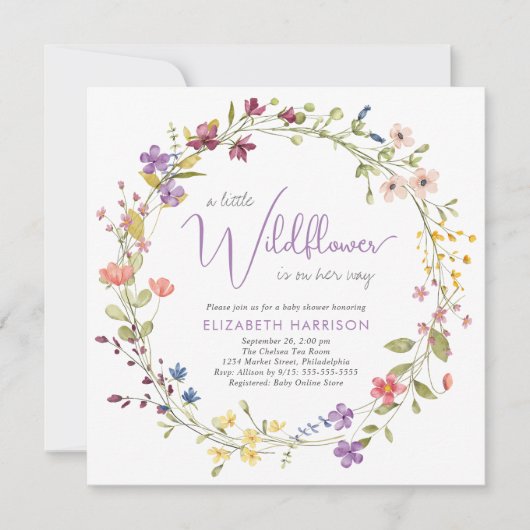 Invitation Petit Fleur sauvage Aquarelle Bébé Fille Douche (Devant)
