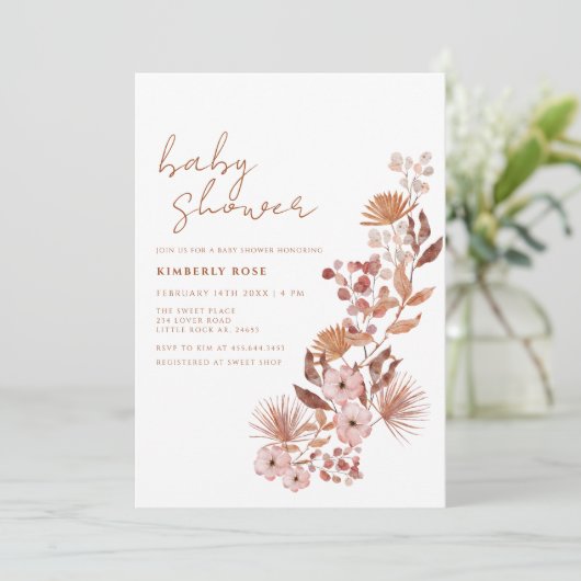 Invitation Petit Fleur sauvage Baby shower en terre cuite Boh (Debout devant)
