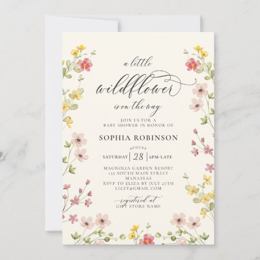 Invitation Petit Fleur sauvage Boho Chic Script Baby shower (Devant)