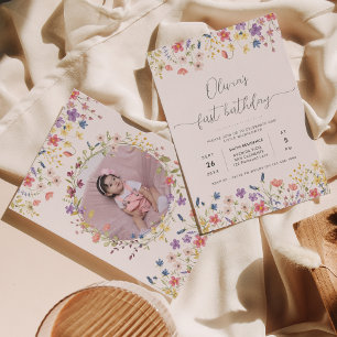 Invitation Petit Fleur sauvage Floral Wreath Photo 1er annive