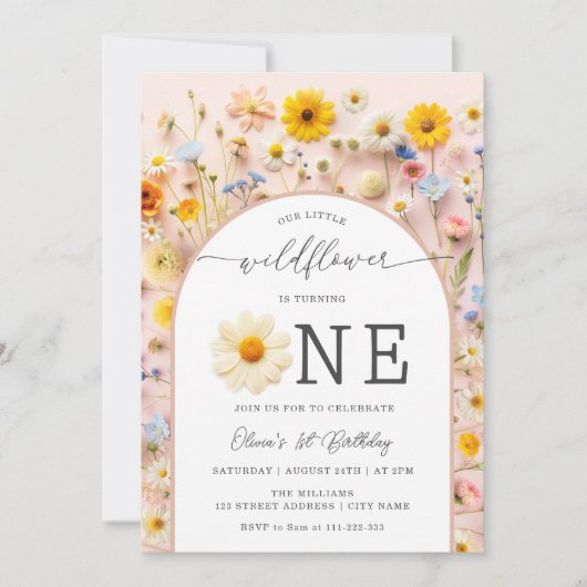 Invitation Petit Fleur sauvage moderne 1er anniversaire (Devant)