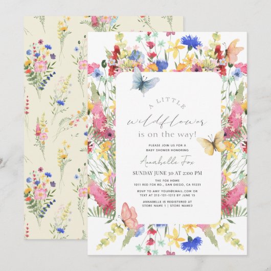 Invitation Petit Fleur sauvage Papillon Baby shower fille (Devant / Derrière)